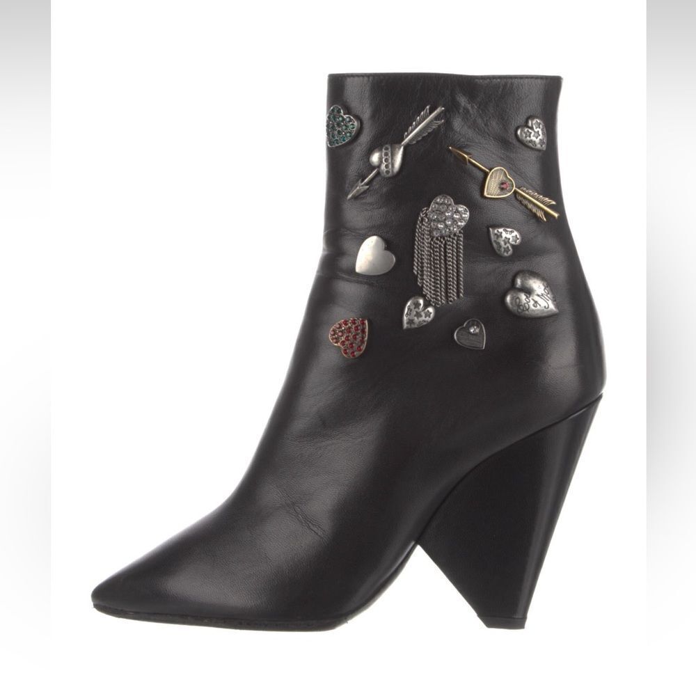 Saint Laurent Leather Embellished Mid-Calf Boots